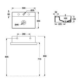 HIDE WALL BASIN 500X350X135MM 1TH NOF