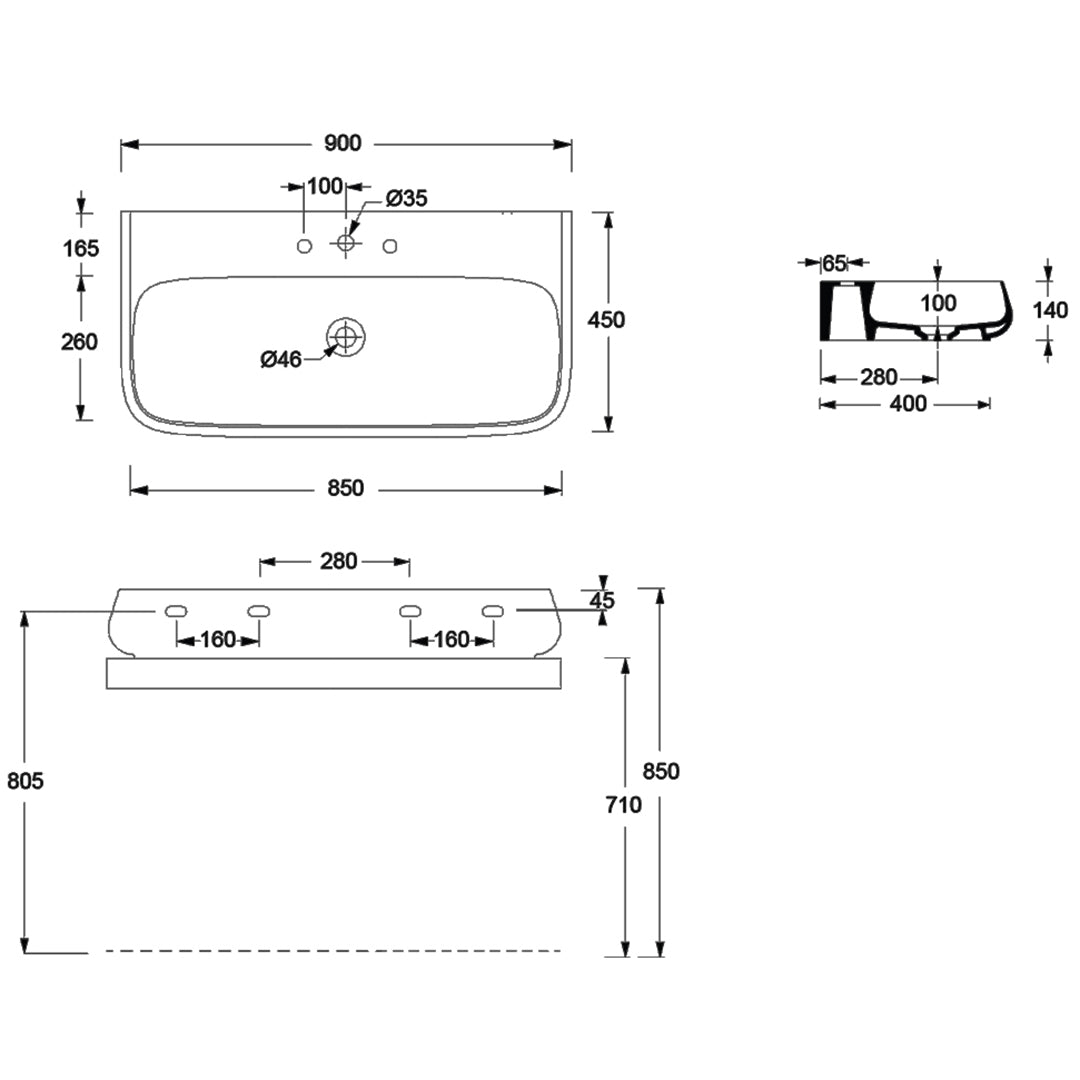 NUR WALL BASIN 900X450X140MM 1TH NOF