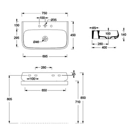 NUR WALL BASIN 750X450X140MM 1TH NOF