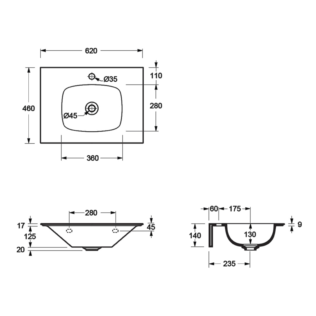 NUR WALL BASIN 620X460X162MM 1TH NOF