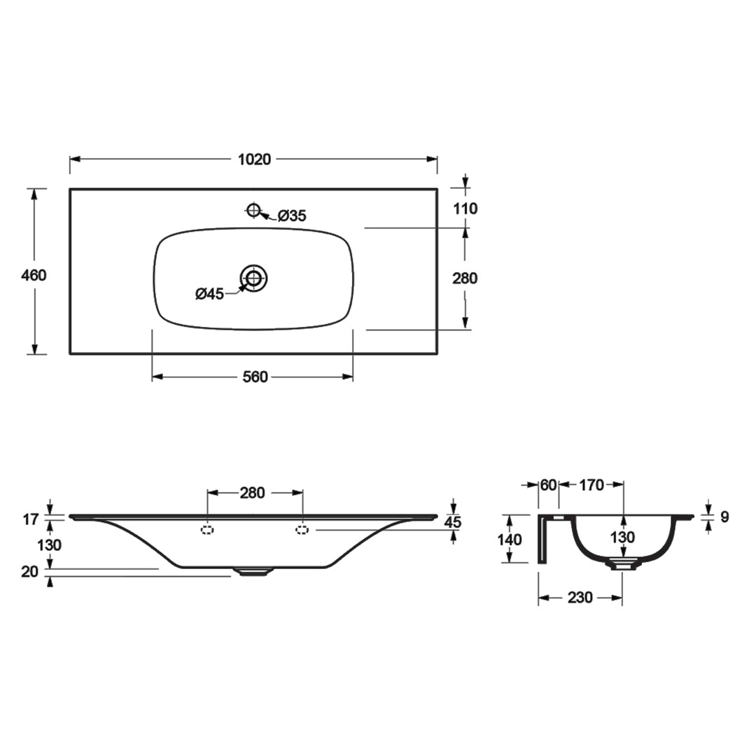 NUR WALL BASIN 1020X460X167MM 1TH NOF