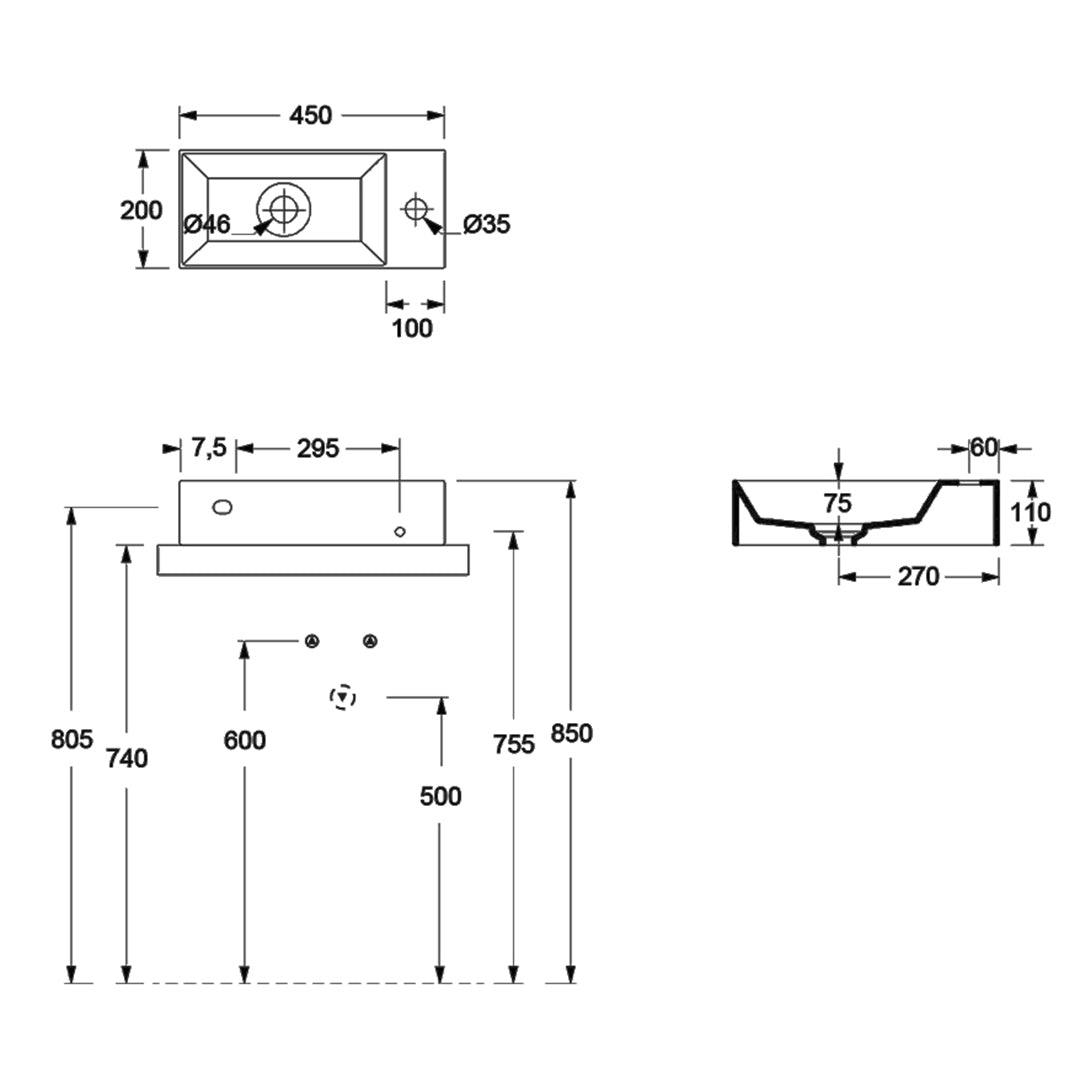 SPY WALL BASIN 450X200X110MM 1TH NOF