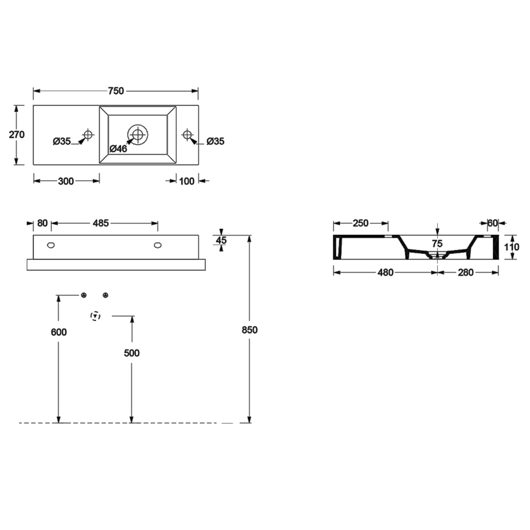 SPY WALL BASIN 750X270X110MM 1TH NOF