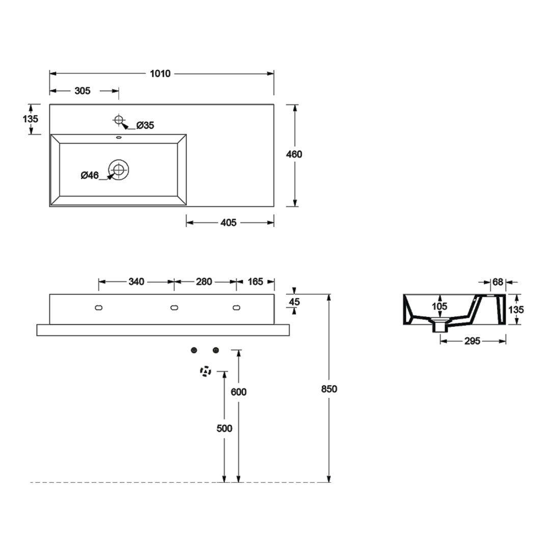SPY WALL BASIN 1010X460X135MM 1TH OF