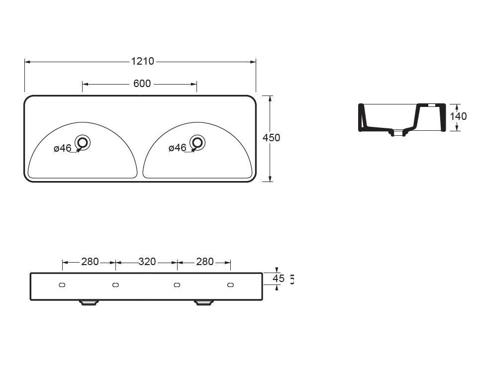 LUNARIS 121 WALL/VESSEL BASIN 1210X450X140MM NTH NOF