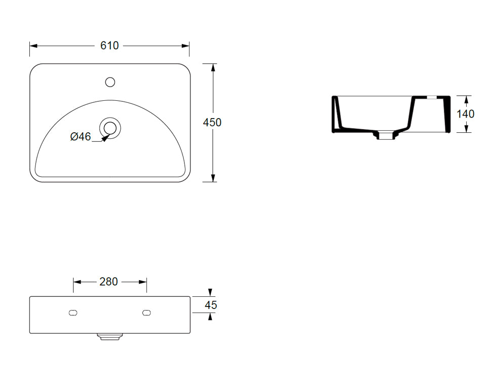 LUNARIS 61 WALL/VESSEL BASIN 610X450X140MM 1TH NOF