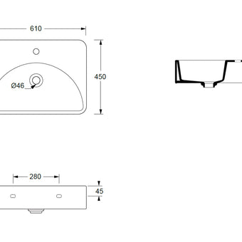 LUNARIS 61 WALL/VESSEL BASIN 610X450X140MM 1TH NOF