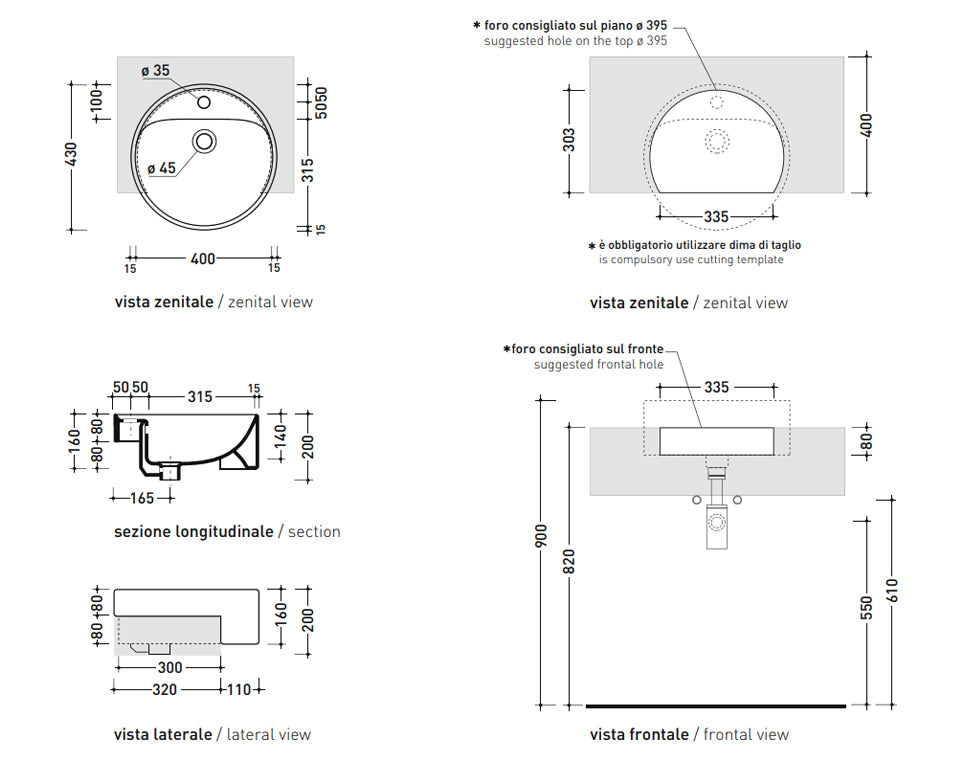 TWIN SET SEMI RECESSED BASIN 430X430X200MM GLOSS WHITE