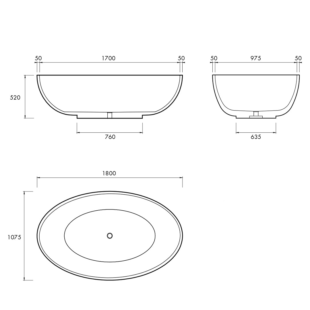 HAVEN FREESTANDING BATH 1800X1075X480MM