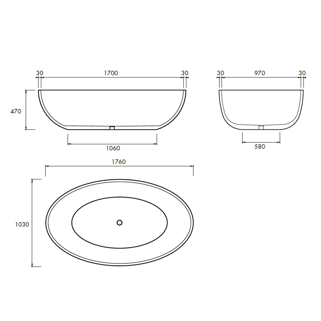 HAVEN FREESTANDING BATH 1760X1030X470MM