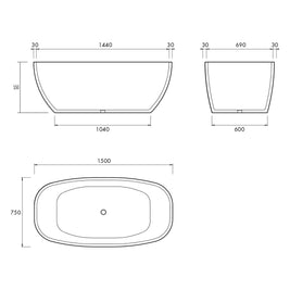 SUBLIME FREESTANDING BATH 1500X750X480MM