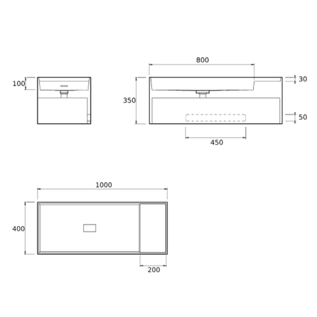 SOKA SINGLE WALL BASIN LEFT SHELF 1000X400X350MM