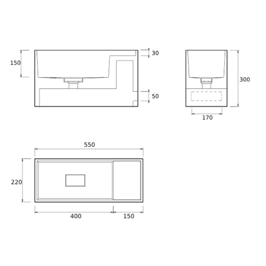 SOKA POWDER WALL BASIN LEFT SHELF 550X220X300MM