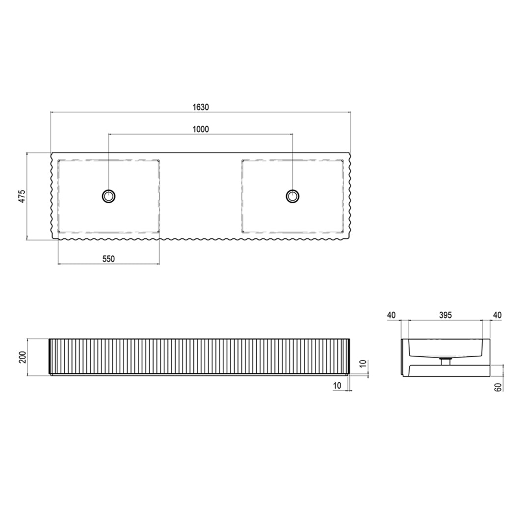 TULLE DOUBLE BOWL WALL BASIN 1630X475X200MM NTH NOF