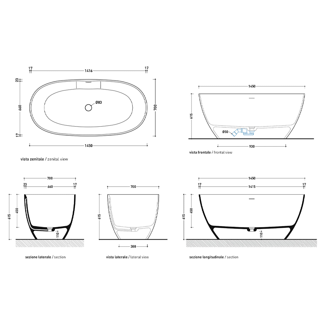 APP FREESTANDING BATH 1450X700X615MM WITH OVERFLOW