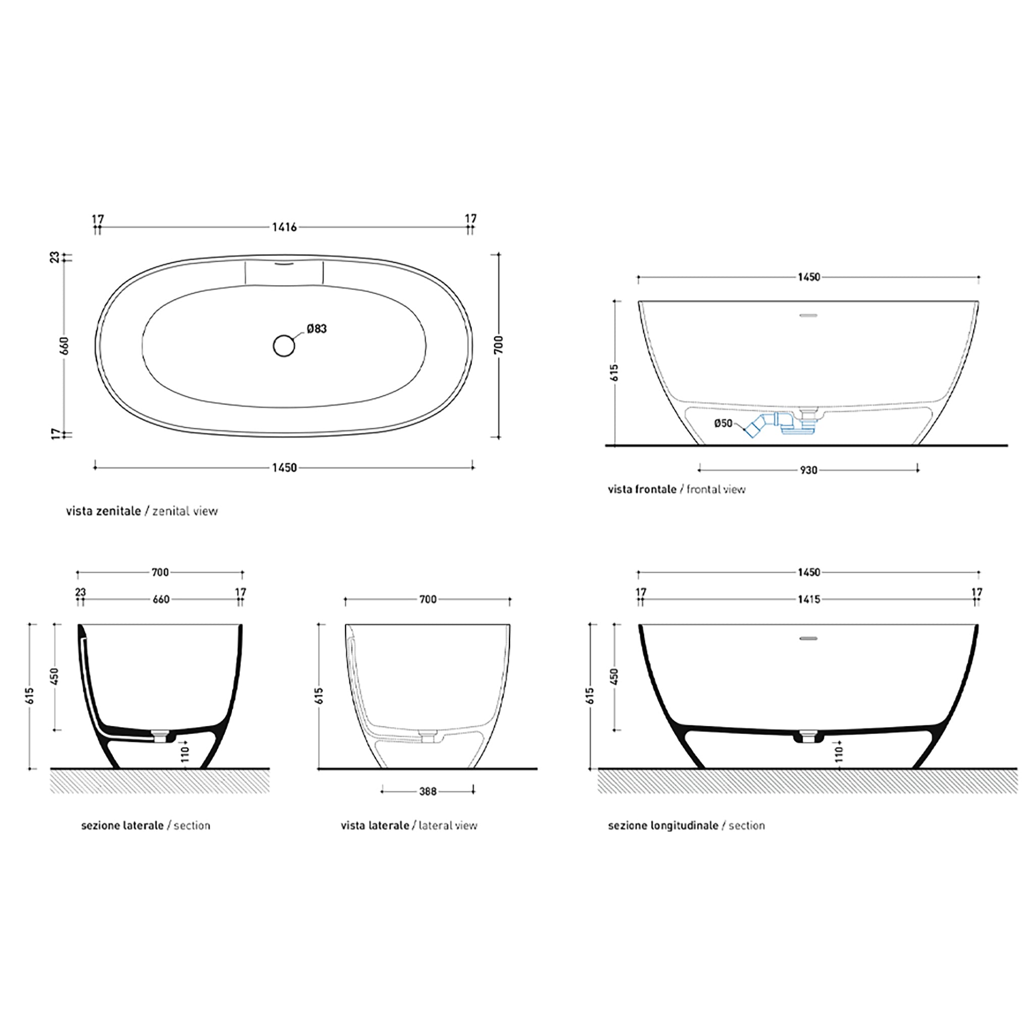 APP FREESTANDING BATH 1450X700X615MM WITH OVERFLOW