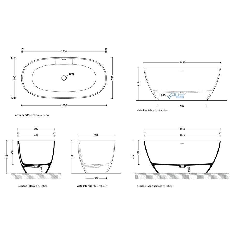 APP FREESTANDING BATH 1450X700X615MM WITH OVERFLOW