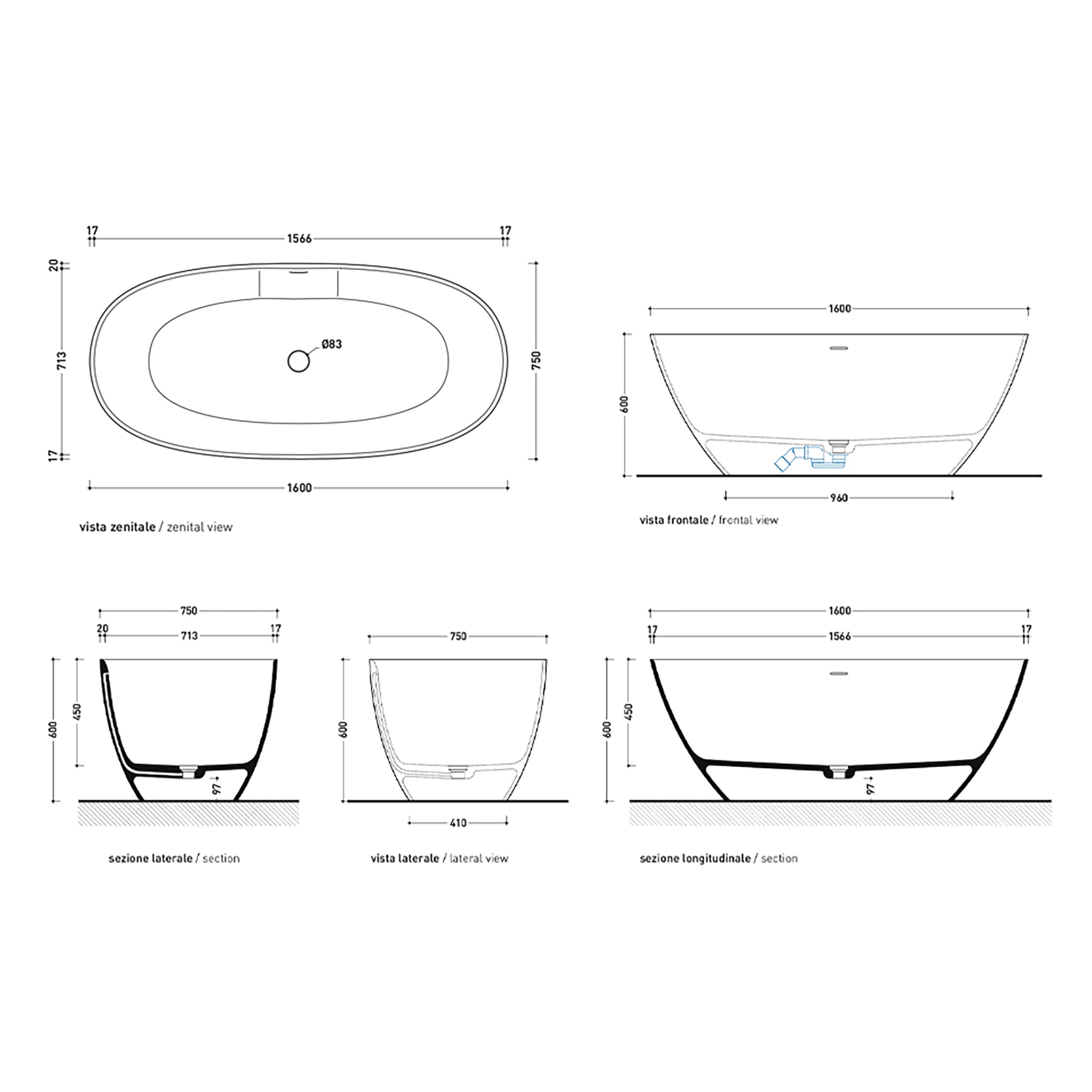 APP FREESTANDING BATH 1600X750X600MM WITH OVERFLOW