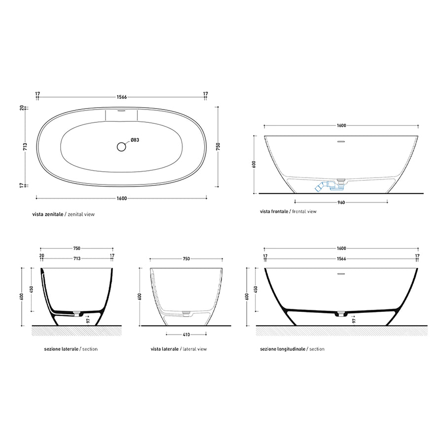 APP FREESTANDING BATH 1600X750X600MM WITH OVERFLOW