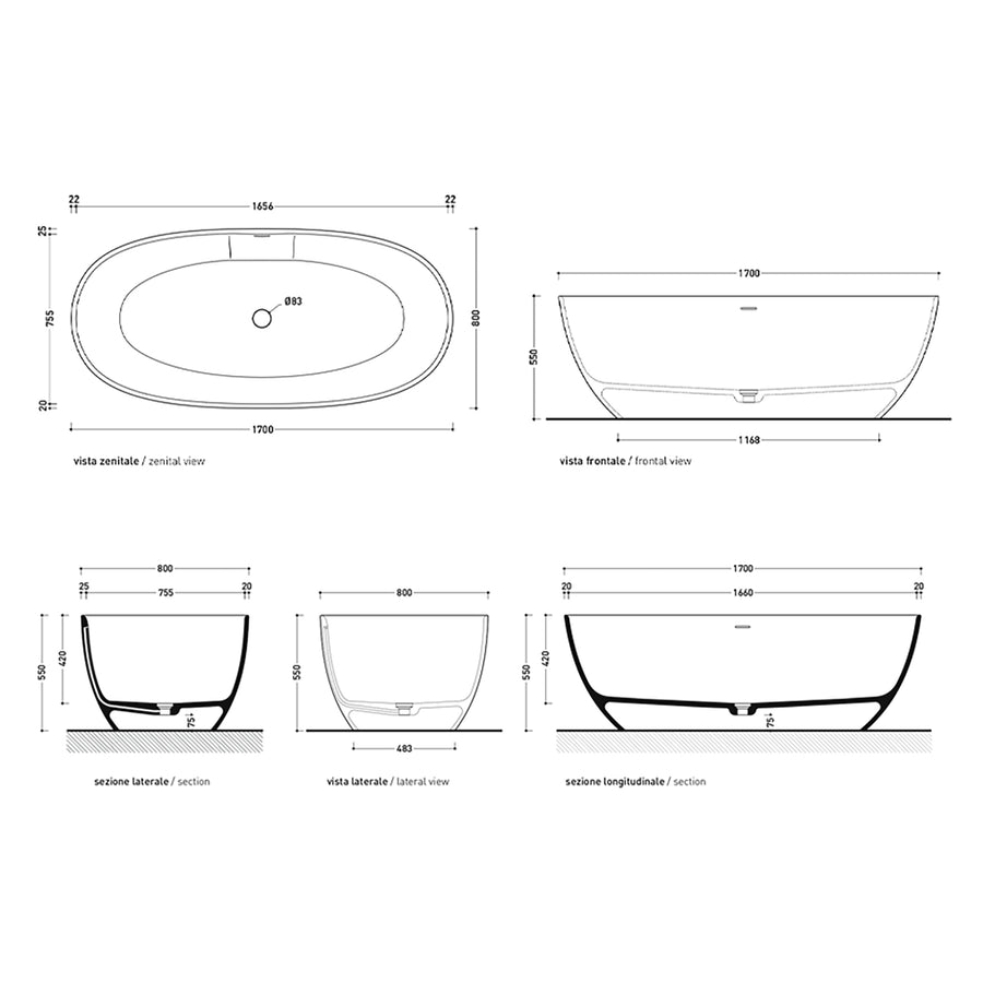 APP FREESTANDING BATH 1700X800X550MM WITH OVERFLOW
