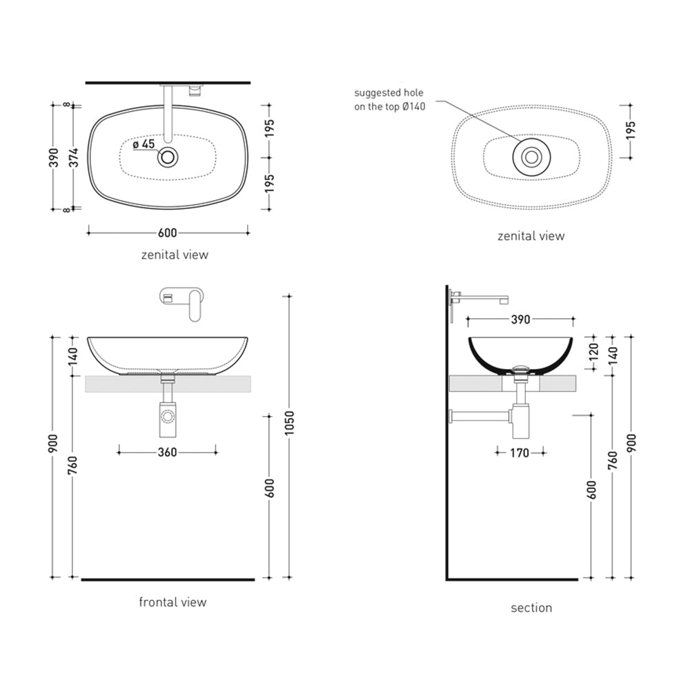 NUDASLIM VESSEL BASIN 600X390X140MM NTH NOF