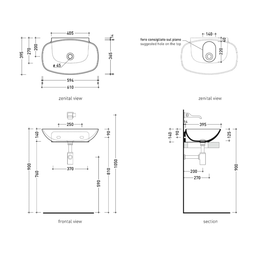 NUDASLIM VESSEL / WALL BASIN 610X395X140MM NTH NOF