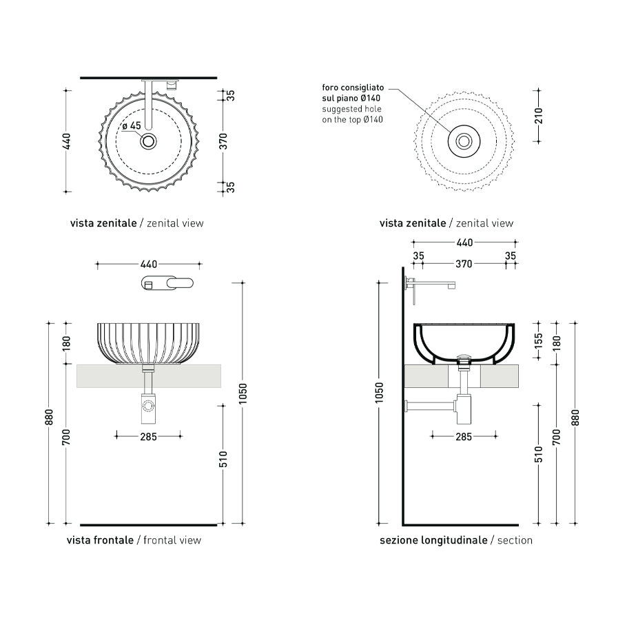 SETTECENTO VESSEL BASIN 440X440X180MM NTH NOF