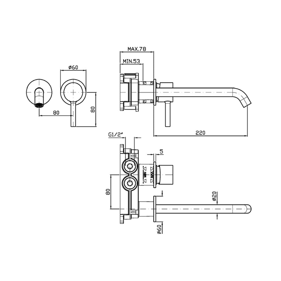 PAN S 2TH WALL MOUNTED BASIN MIXER 220MM