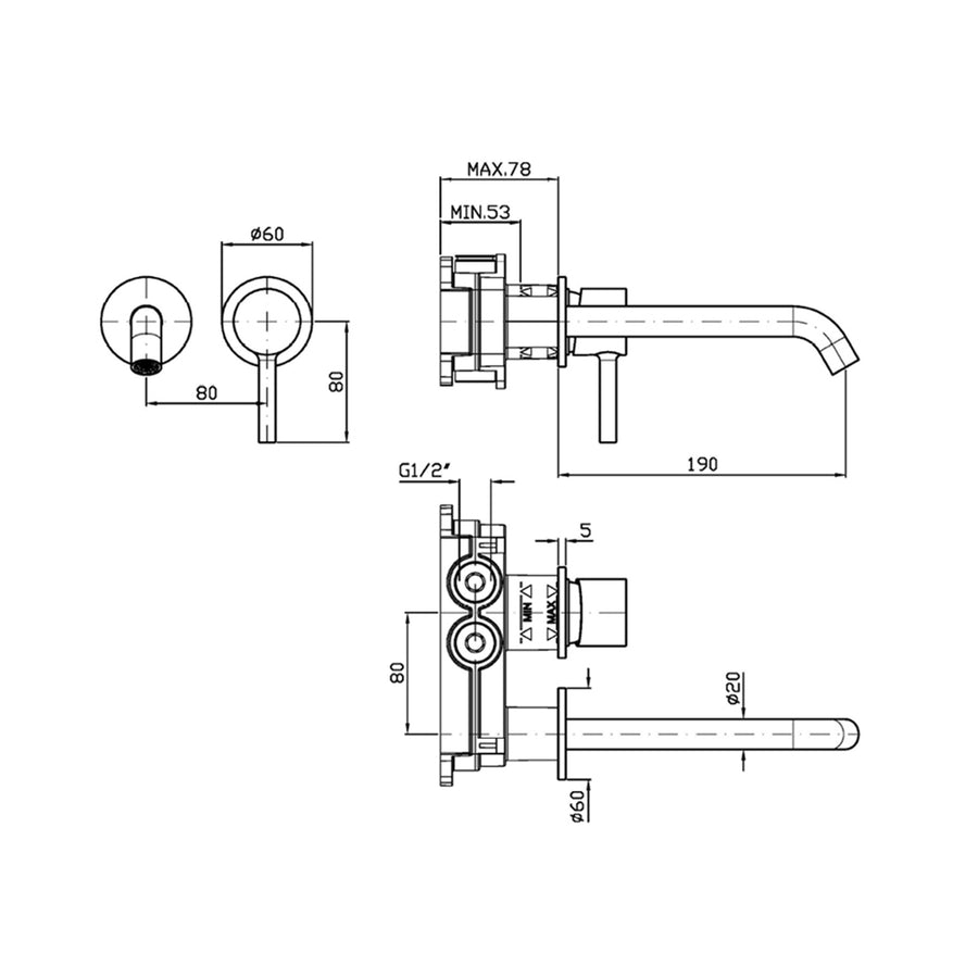 PAN S 2TH WALL MOUNTED BASIN MIXER 190MM