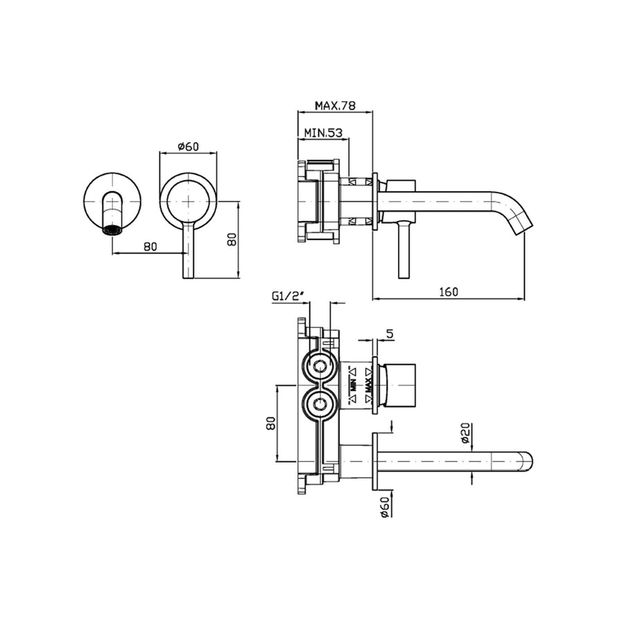 PAN S 2TH WALL MOUNTED BASIN MIXER 160MM