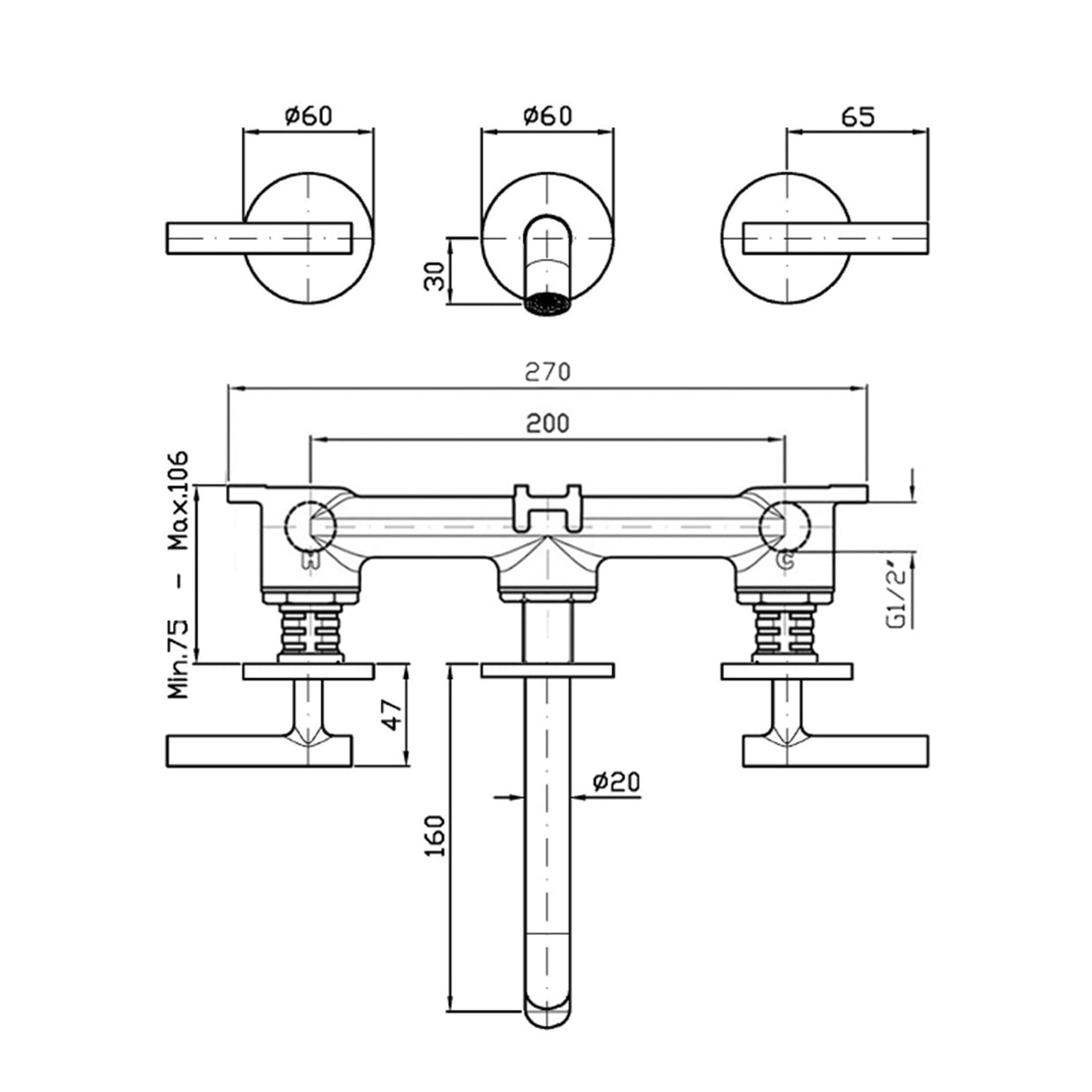 PAN S 3TH WALL MOUNTED BASIN MIXER 160MM