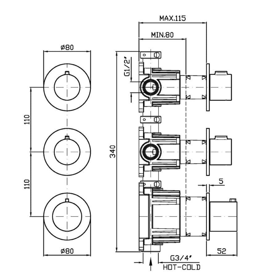 PAN S THEREMOSTATIC MIXER WITH X2 STOP VALVE