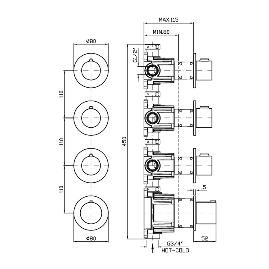 PAN S THEREMOSTATIC MIXER WITH X3 STOP VALVE