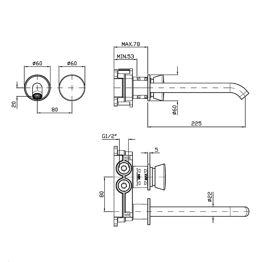 SABLIER WALL MOUNTED BASIN MIXER 225MM