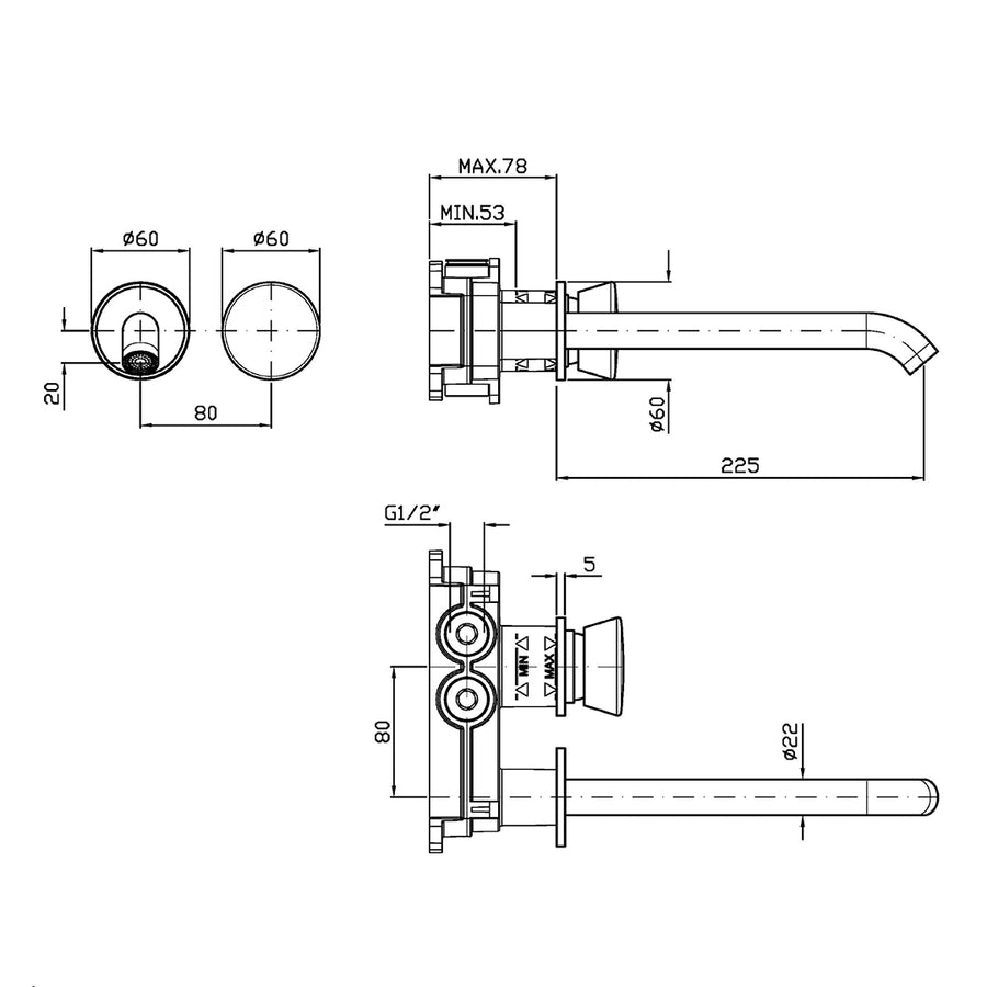 SABLIER WALL MOUNTED BASIN MIXER 225MM