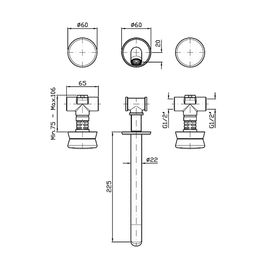 SABLIER 3TH WALL MOUNTED BASIN MIXER 225MM