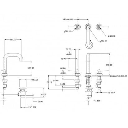 LANDMARK PURE 3TH BASIN MIXER W/PUW MEDIUM LEVER HANDLE