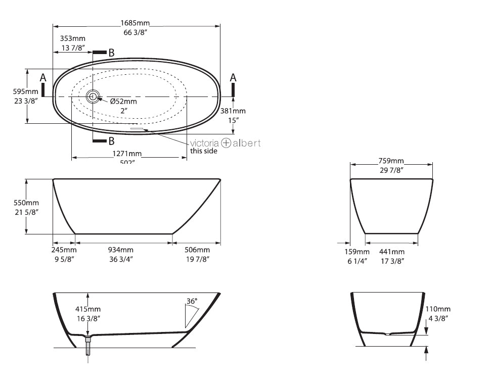 MOZZANO II FREESTANDING BATH W/VOID 1682L X 762W X 418/533H