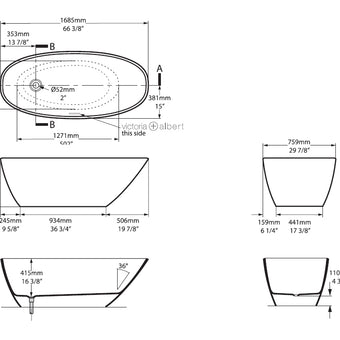 MOZZANO II FREESTANDING BATH W/VOID 1682L X 762W X 418/533H