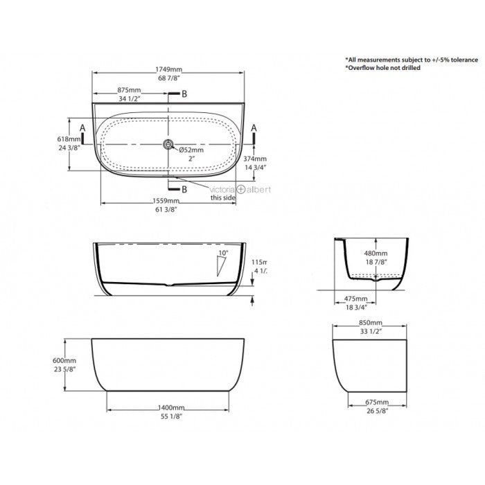 ELDON QUARRYCAST BACK TO WALL BATH 1749 X 850 X 600