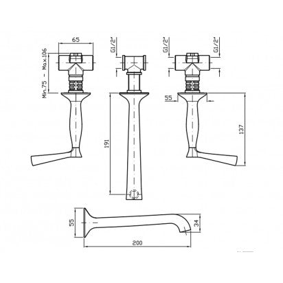 BELLAGIO 3 HOLE WALL MOUNTED BASIN MIXER