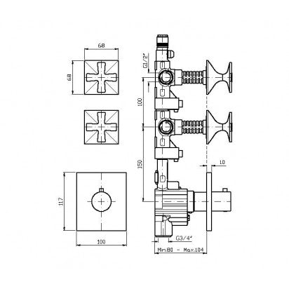 BELLAGIO CROSS TOP THERMOSTATIC MIXER LEVER 2 X STOP TAP TRIMSET
