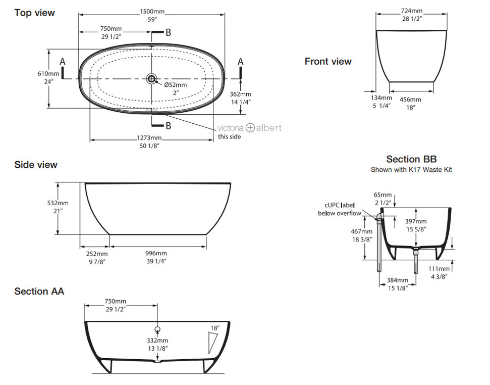 BARCELONA I FREESTANDING BATH W/VOID 1500 X 724 X 532