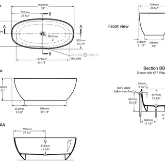 BARCELONA I FREESTANDING BATH W/VOID 1500 X 724 X 532
