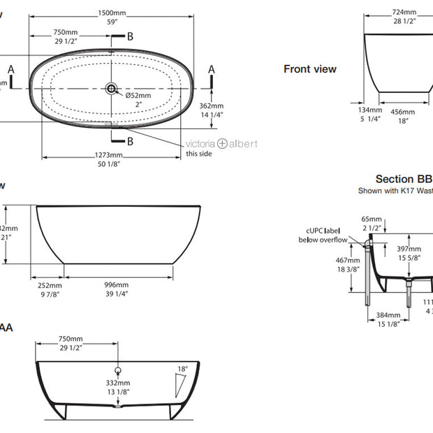 BARCELONA I FREESTANDING BATH W/VOID 1500 X 724 X 532