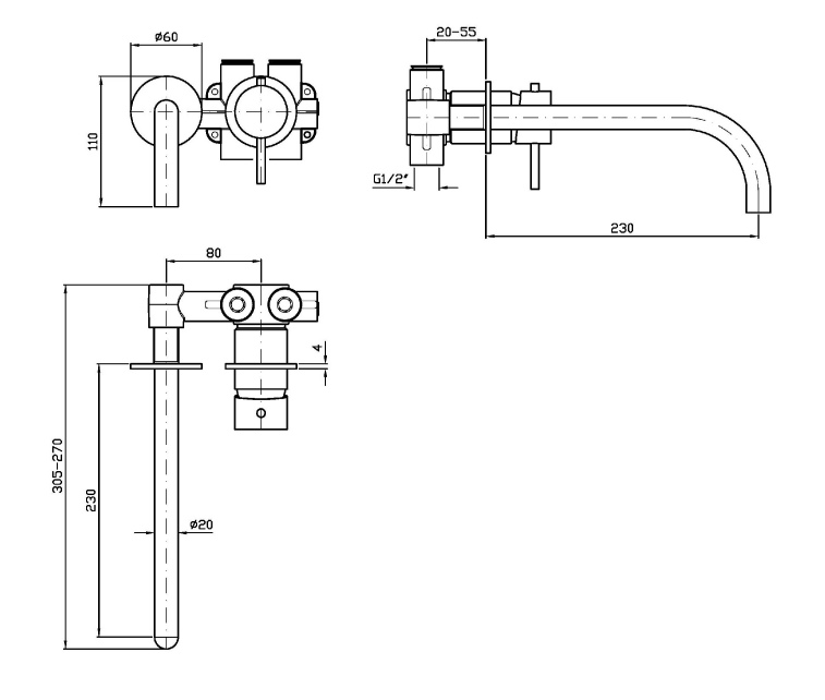 HELM WALL MOUNTED BASIN MIXER 230MM