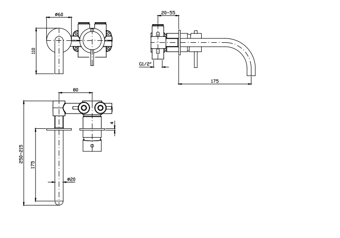 HELM WALL MOUNTED BASIN MIXER 175MM
