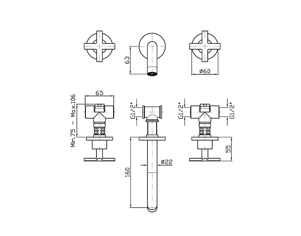 GILL 3TH WALL MOUNTED BASIN MIXER 160MM
