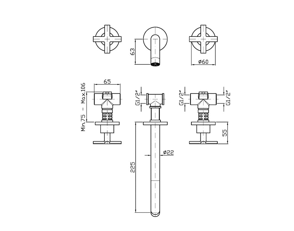 GILL 3TH WALL MOUNTED BASIN MIXER 225MM