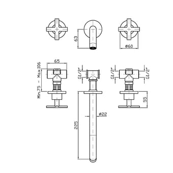 GILL 3TH WALL MOUNTED BASIN MIXER 225MM